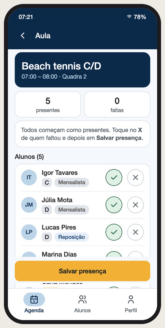 App do professor com a lista de presença dos alunos